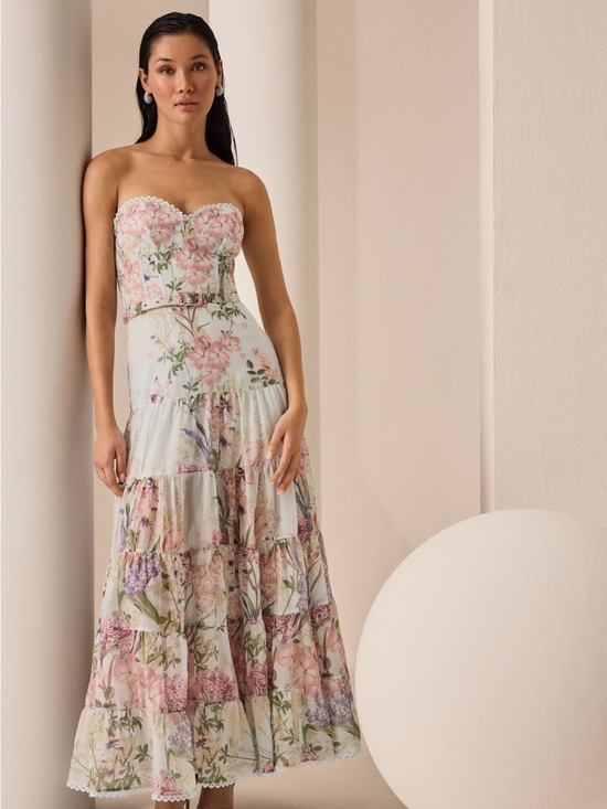 Charo Ruiz Dresses & Skirts - Charo Ruiz Danny Dress Strapless Floral Tiered Maxi Dress in pale blue, pastels